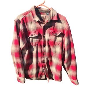 Orvis Classic Collection Mens Red Tan Plaid Flannel Shirt L Cotton Fleece Collar
